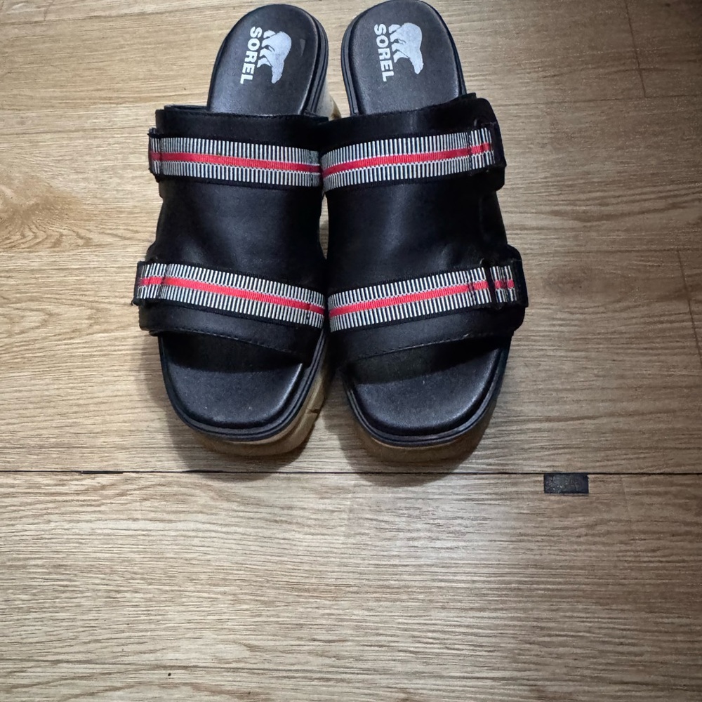 Sorel Black Sandals with Red Stripes